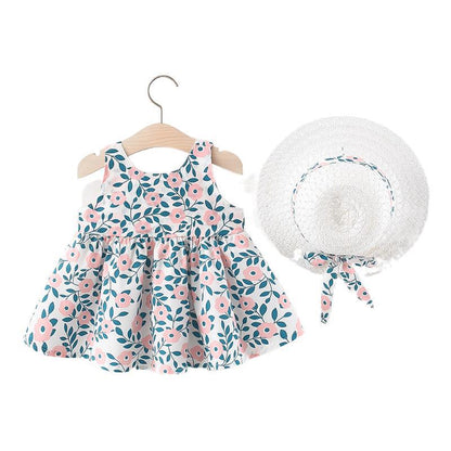 Wholesale Girls Suspenders Cotton Dress with Straw Hat Baby Clothes