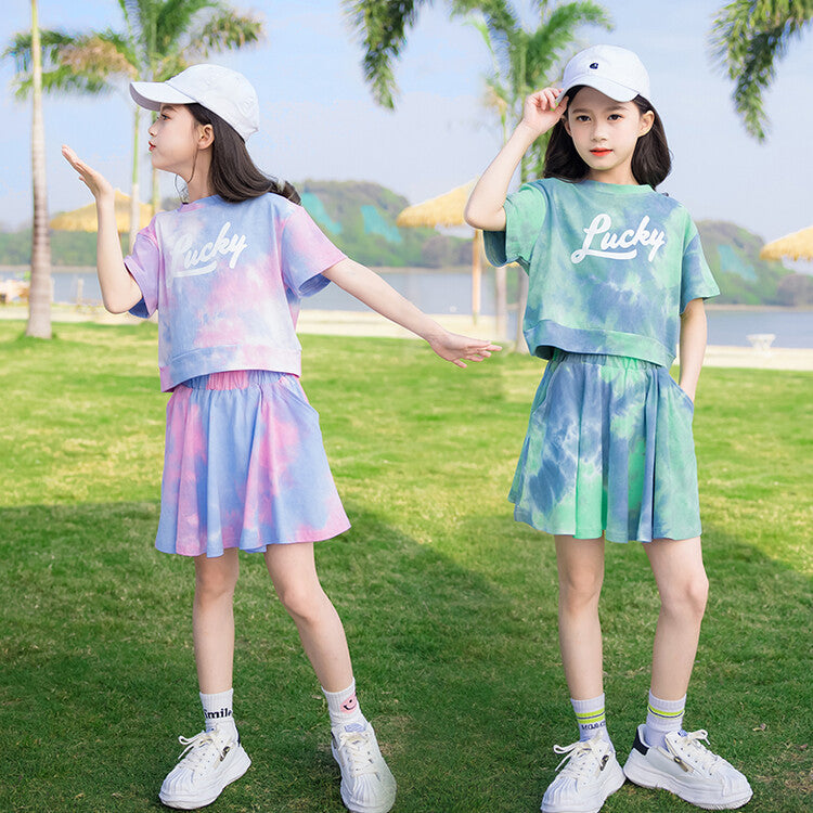 Wholesale Kids Waffle Tie Dye Cotton Short Sleeve Two-Piece Set