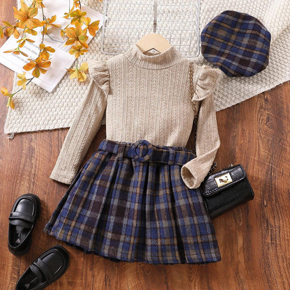 Wholesale Long Sleeve Plaid Pleated Skirt Belt Beret Hat Set of 4 Baby Clothes