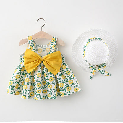 Wholesale Girls Suspenders Cotton Dress with Straw Hat Baby Clothes