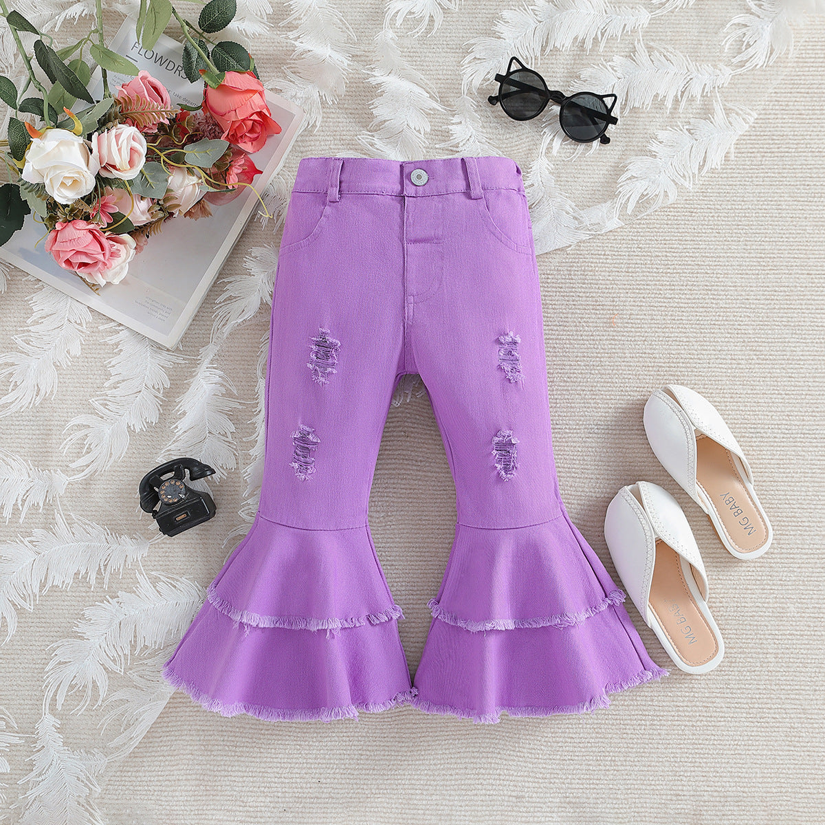 Wholesale Polyester Ripped Bell Bottoms for Kids