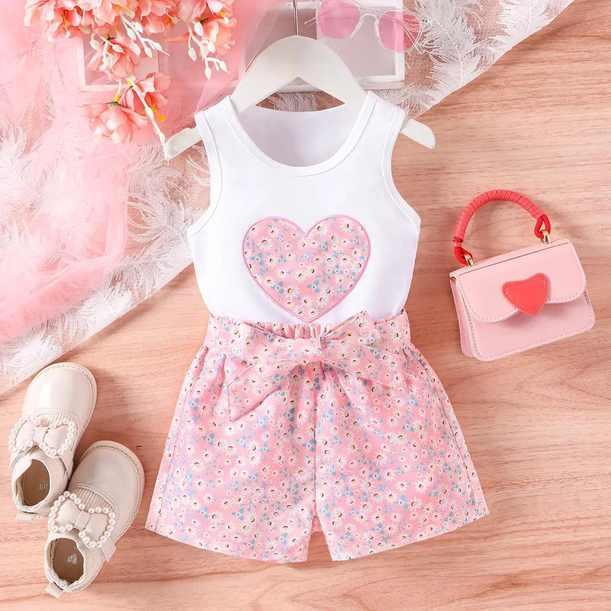 Wholesale Love Vest Top + Printed Shorts Two-piece Polyester Kid Clothes