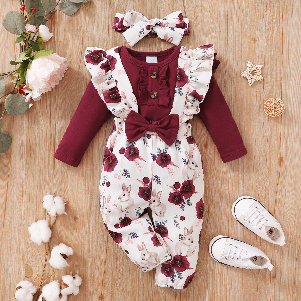 Wholesale Spring and Autumn Solid Color Long-sleeved Top + Flower Printed Suspenders Three-piece Set