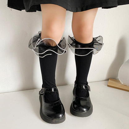 Wholesale Lolita style black and white solid color large lace socks