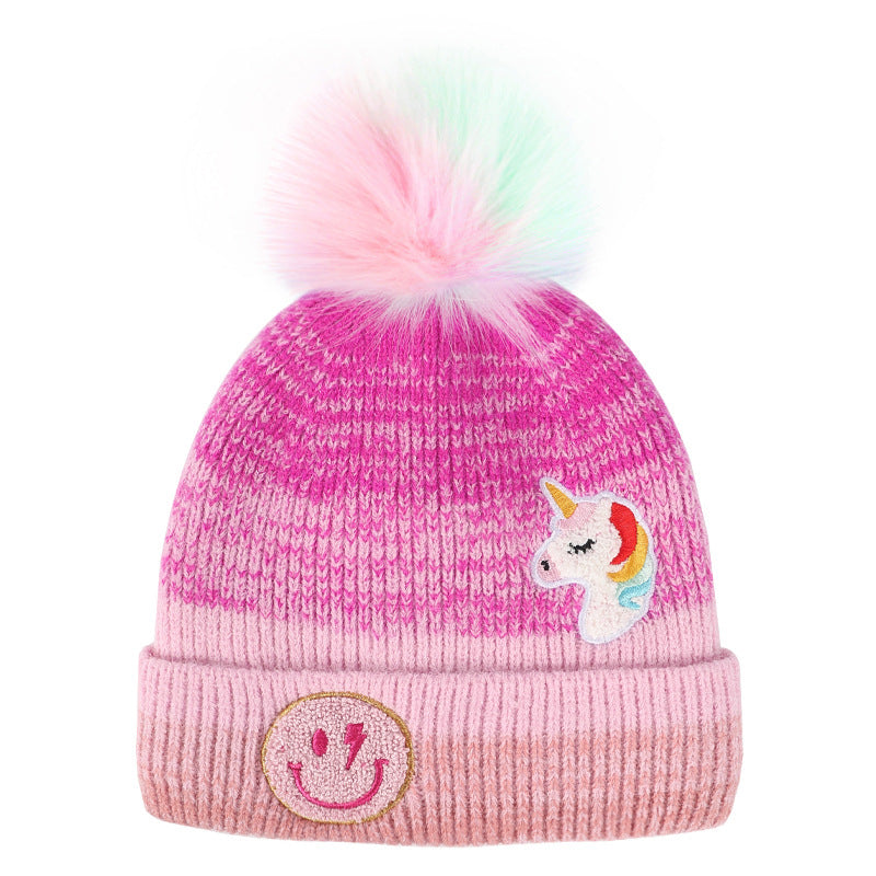 Wholesale Winter Cartoon Gradient Children's Hat Plus Velvet Warm Wool Ball Knitted Hat