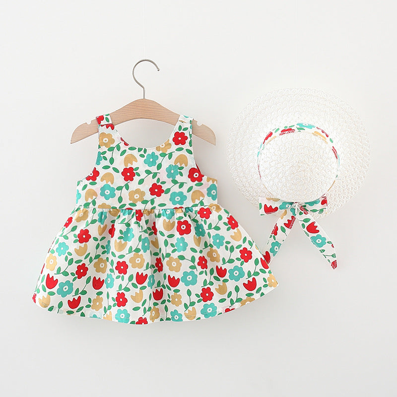 Wholesale Girls Cotton Dress Free Straw Hat Baby Clothes