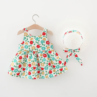 Wholesale Girls Cotton Dress Free Straw Hat Baby Clothes