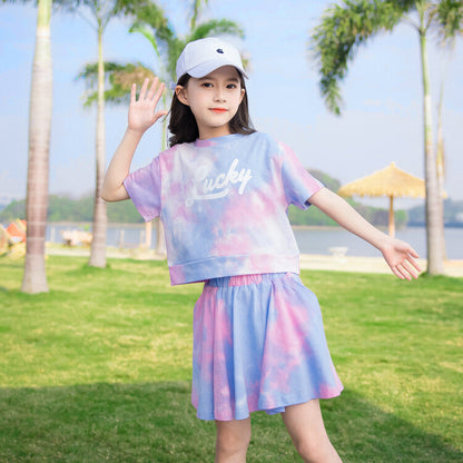 Wholesale Kids Waffle Tie Dye Cotton Short Sleeve Two-Piece Set