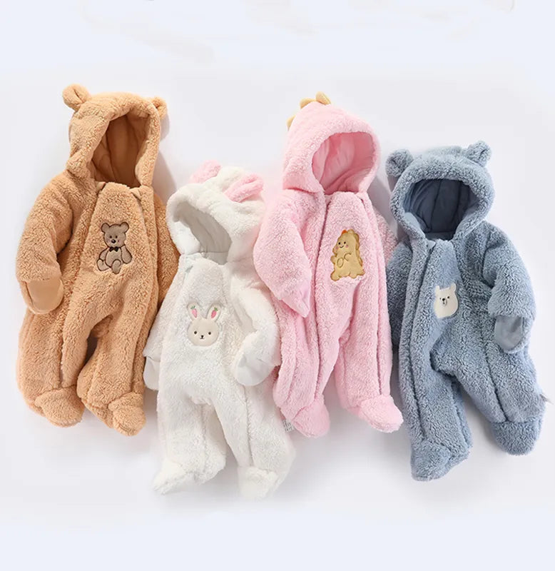 Winter Hooded Romper for Newborns - Cozy Cartoon Style