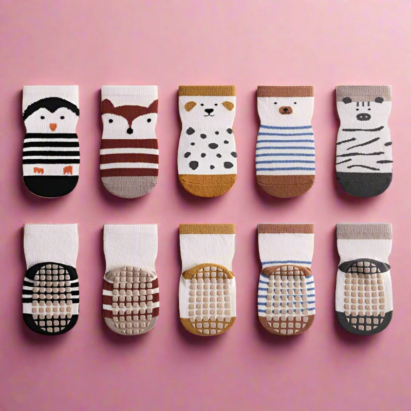 5 Pairs/Lot Anti-Slip Baby Socks with Cartoon Animal Print