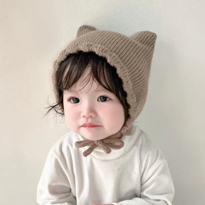 Winter Cartoon Baby Knit Hat - Solid Color Ear Protection Cap