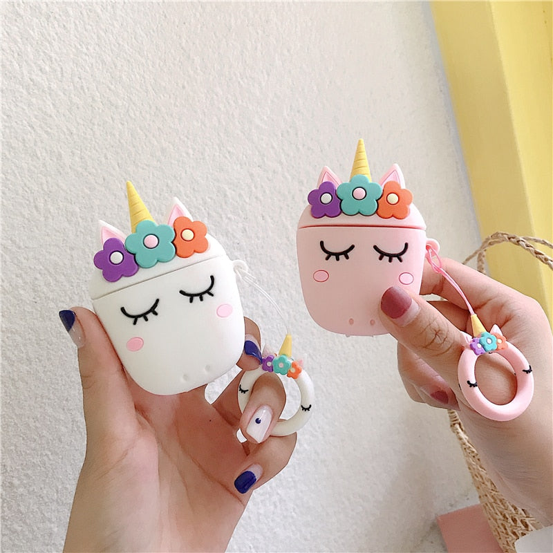 3D Floral Unicorn AirPods Silicone Case Cover with  Stitch Ring