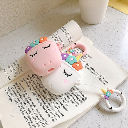 3D Floral Unicorn AirPods Silicone Case Cover with  Stitch Ring