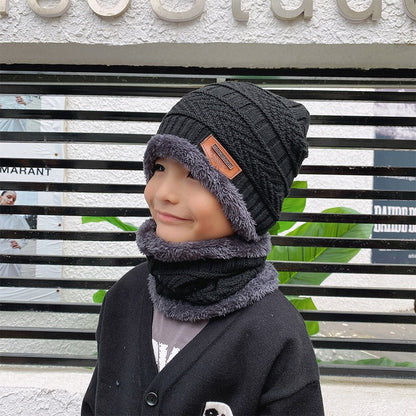 Wholesale winter knitted polyester plus velvet thickened scarf hat set parent-child hat