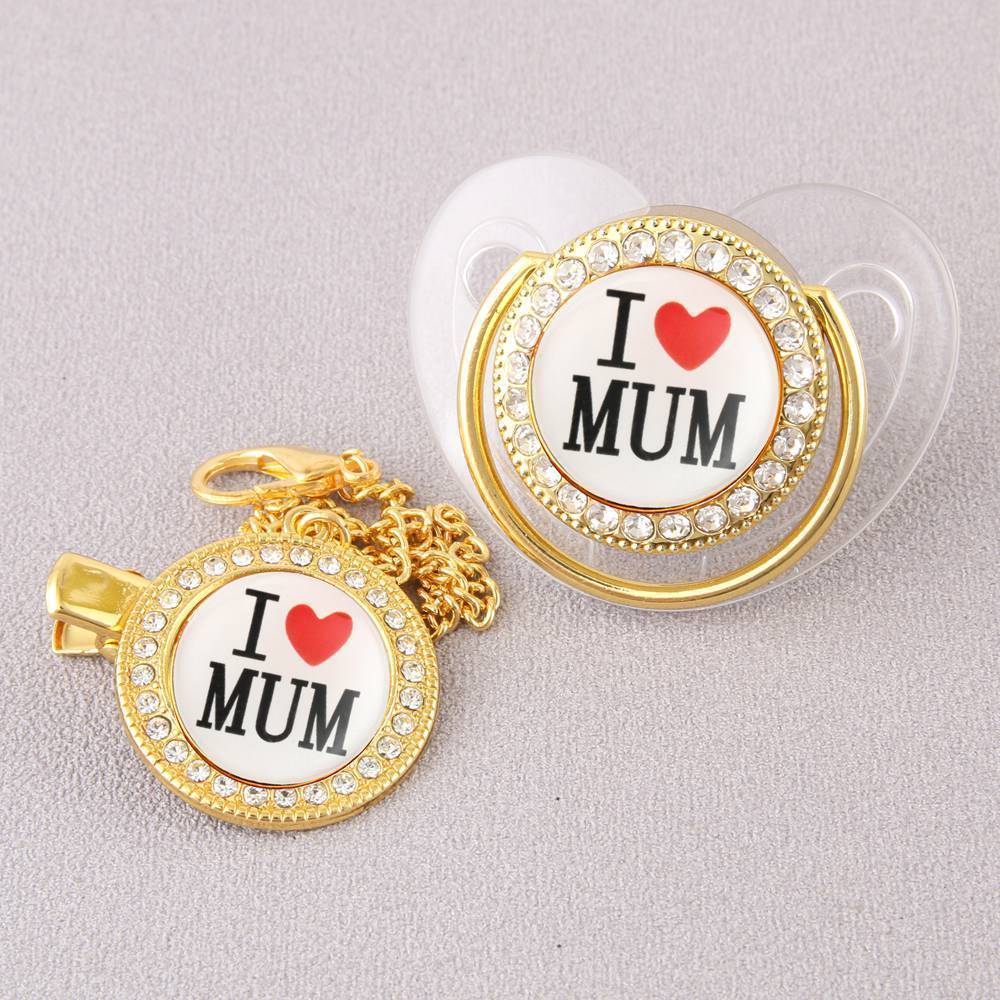 "I Love Mum" Baby Pacifier with Chain Clip