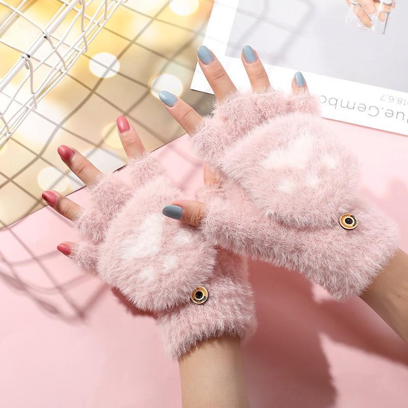 Winter Children's Half-finger Flip Plush Warm Gloves