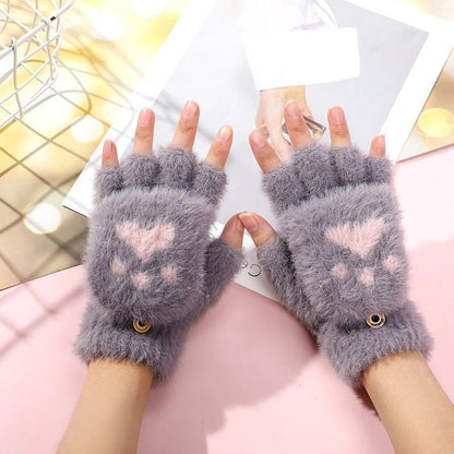 Winter Children's Half-finger Flip Plush Warm Gloves