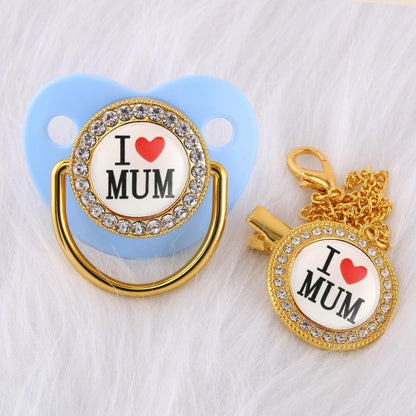 "I Love Mum" Baby Pacifier with Chain Clip