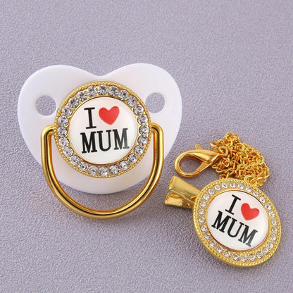 "I Love Mum" Baby Pacifier with Chain Clip