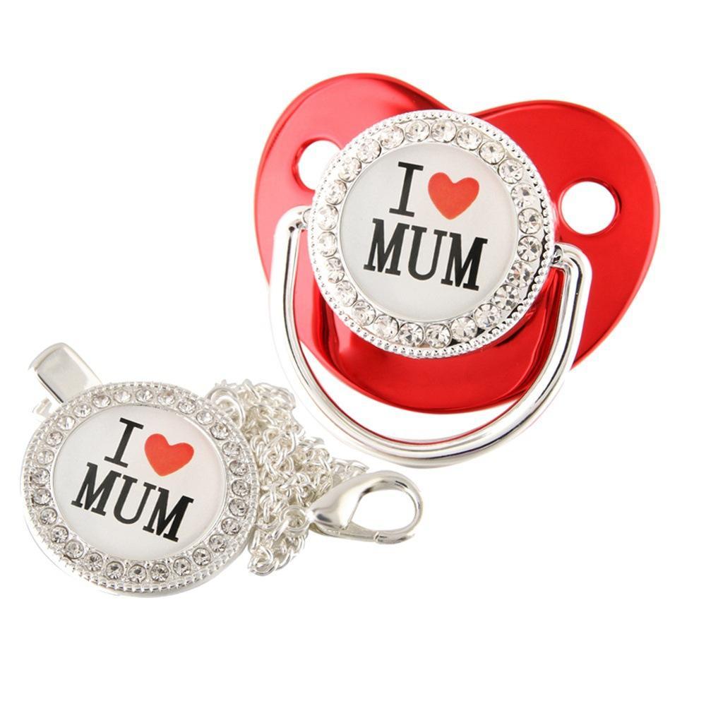 "I Love Mum" Baby Pacifier with Chain Clip