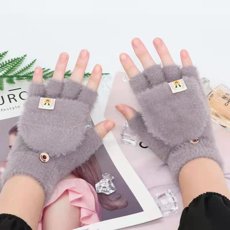 Winter Children's Half-finger Flip Plush Warm Gloves