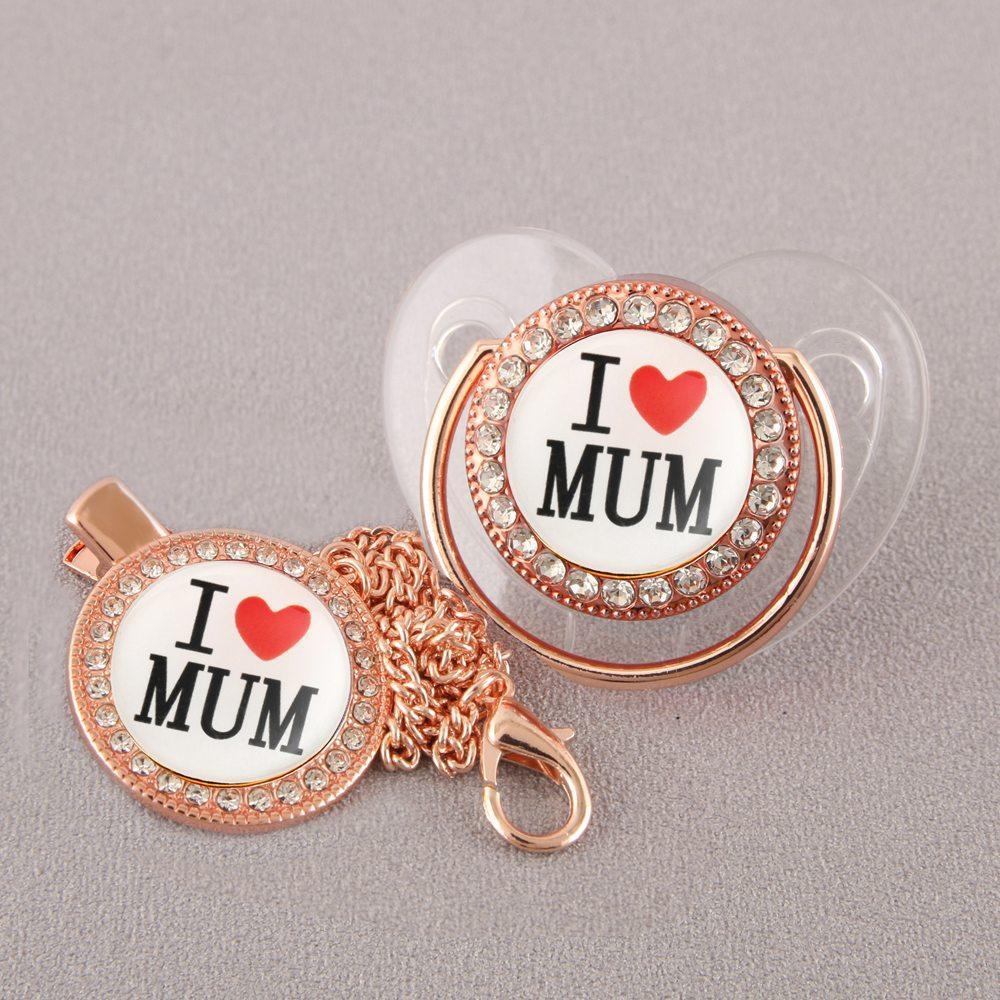 "I Love Mum" Baby Pacifier with Chain Clip