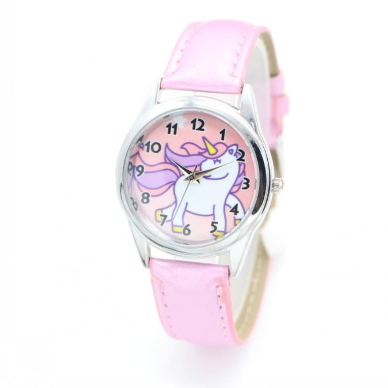 Analog Girl's Watch With Leather Strap And Unicorn Dial