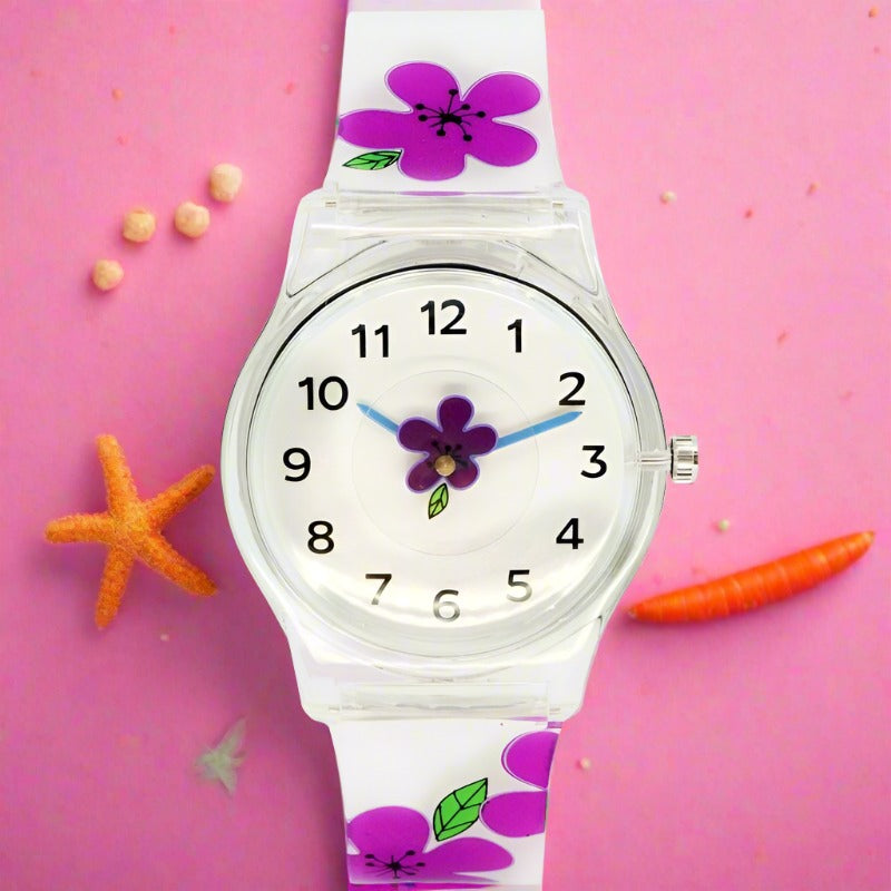 Analog Girl's Watch with Purple Hibiscus