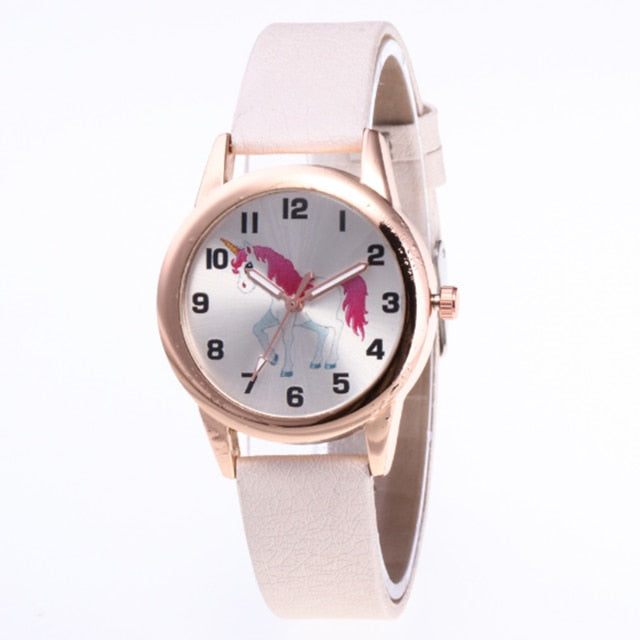 Analog Girl's Watch With Pink Leather Strap And Unicorn Dial