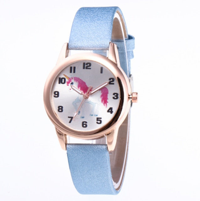 Analog Girl's Watch With Pink Leather Strap And Unicorn Dial