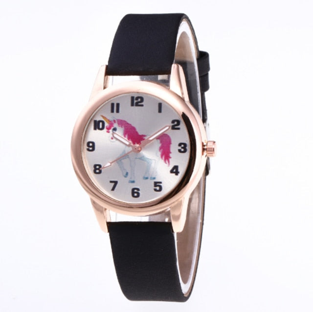 Analog Girl's Watch With Pink Leather Strap And Unicorn Dial